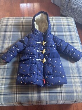 Boden Kids Gold Polka Dot Navy Puffer Jacket College Navy Foil Spot